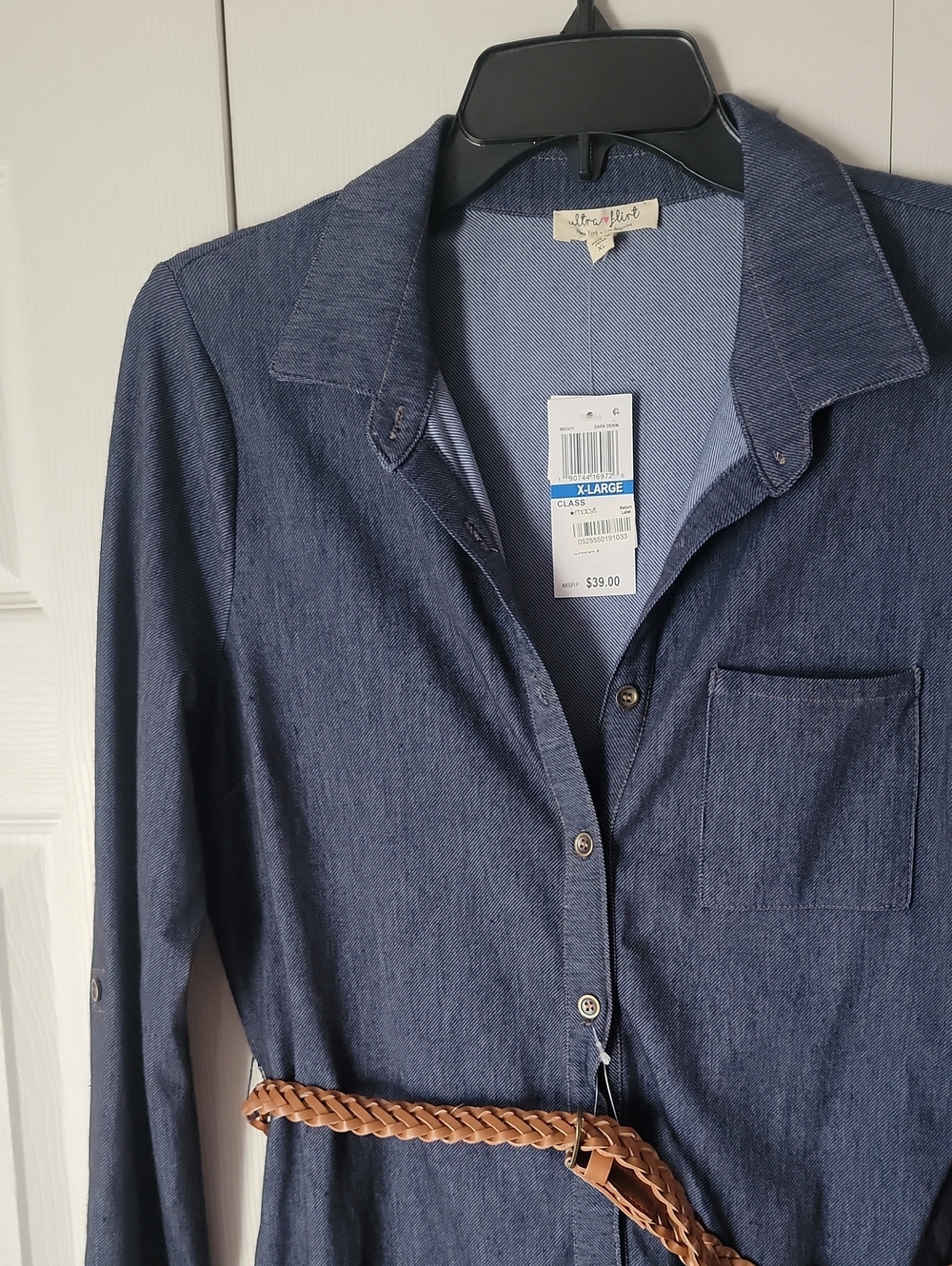 NWT Ultra Flirt Navy Denim Long-Sleeve Shirt Dress with Braided Belt